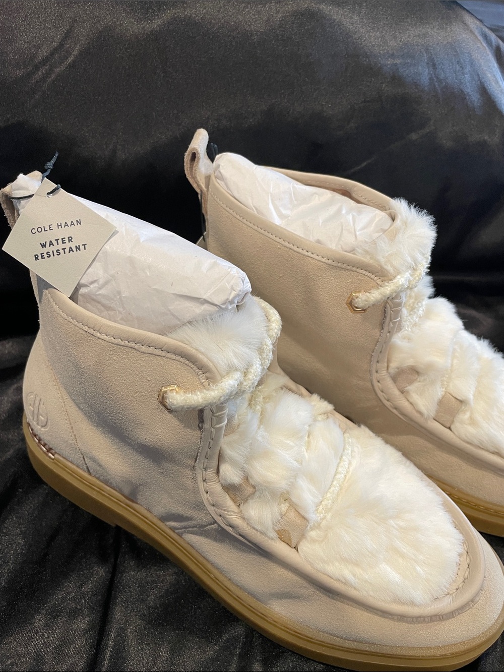 Cole Haan Cream Faux-Fur Ankle Booties with Tan Sole